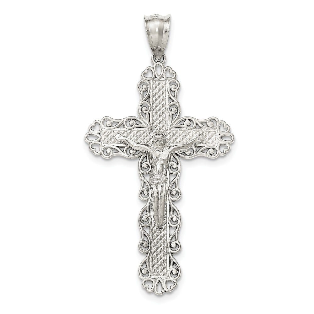 Sterling Silver Polished & Textured Large Floral Cross w/Jesus Pendant