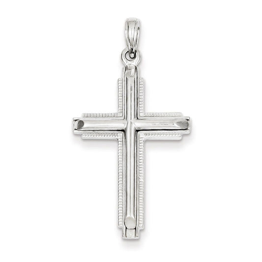 14K White Gold Cylinder Cross on Beaded Trim Frame