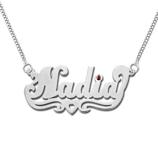 Sterling Silver "Script" Style Horizontal Name Necklace w/ Birthstone & Chain