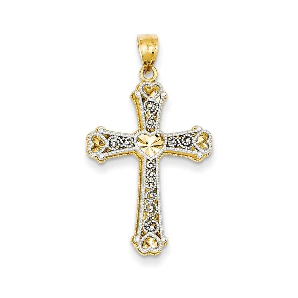 14k Two-tone Hearts Cross Pendant