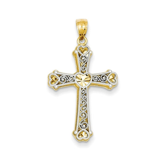 14k Two-tone Hearts Cross Pendant