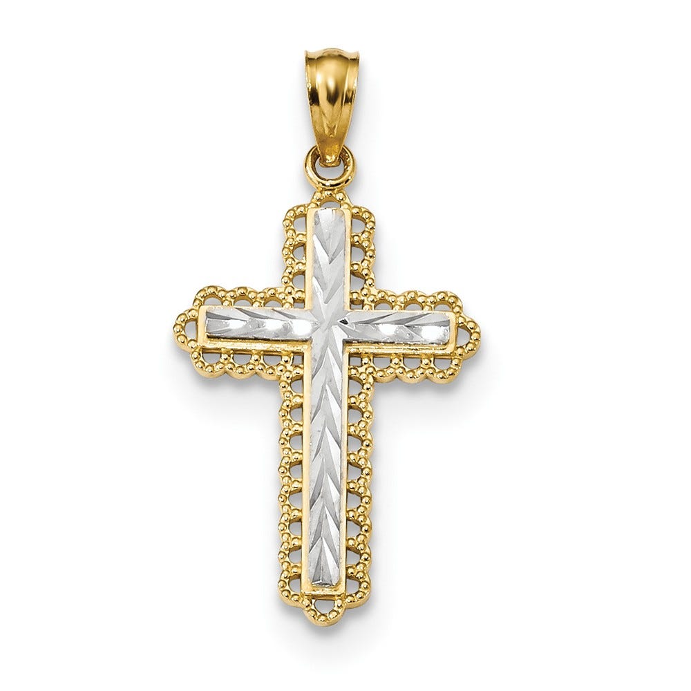 14k w/Rhodium Diamond-cut Budded Cross Pendant