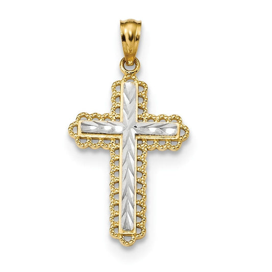 14k w/Rhodium Diamond-cut Budded Cross Pendant
