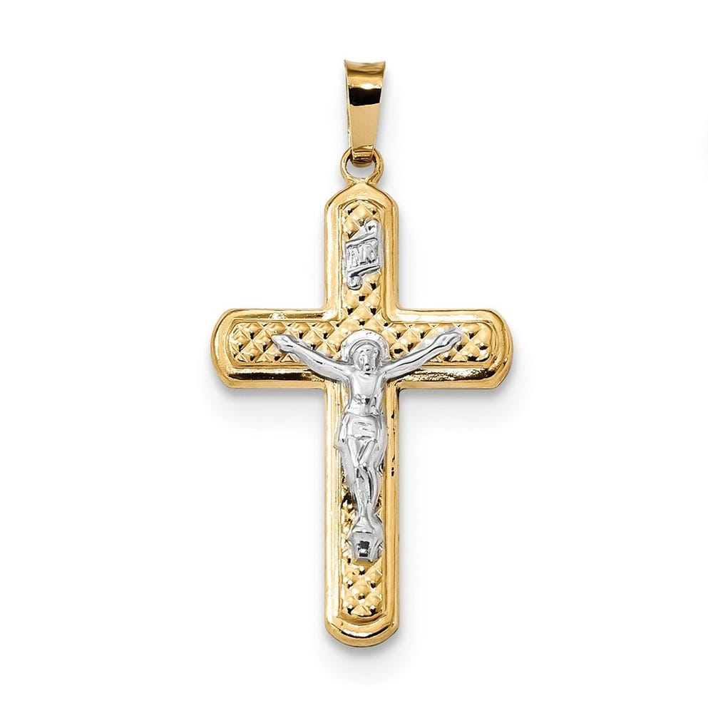 14k Two-tone Polished and Textured INRI Crucifix Pendant