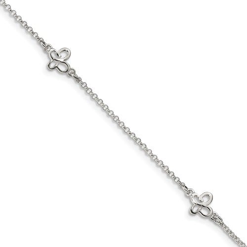 Sterling Silver Polished Butterfly Anklet w/ 1 Inch Ext.