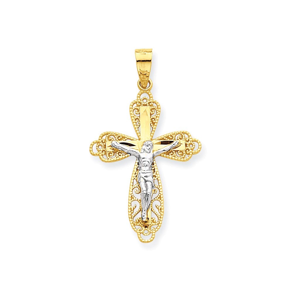 10k & Rhodium Filigree Crucifix Pendant