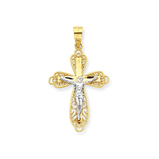 10k & Rhodium Filigree Crucifix Pendant