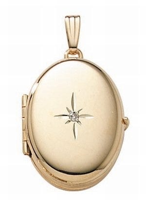 Solid 14K Yellow Gold Oval Four Photo Locket with Diamond