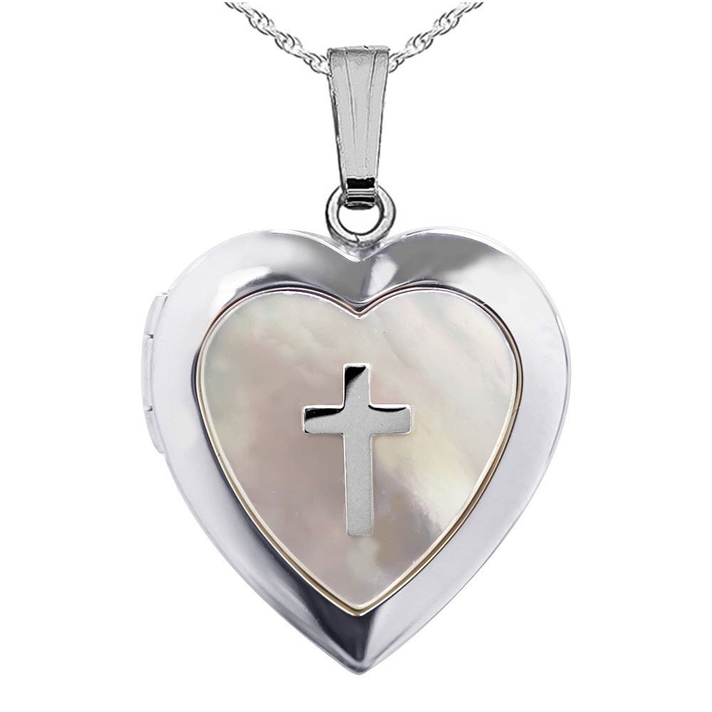 Sterling Silver Mother of Pearl Cross Heart Photo Locket