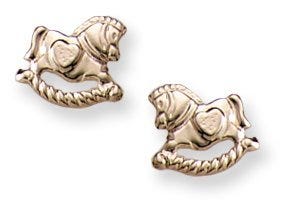 14K Yellow Gold Rocking Horse Children Post Earrings