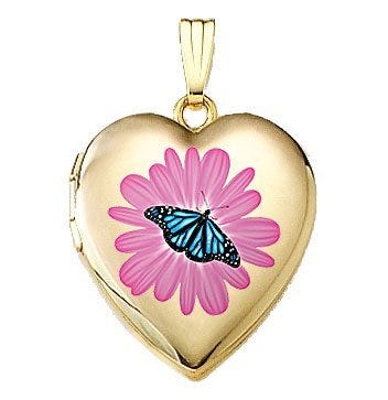 14K Gold Filled Flower Butterfly Heart Photo Locket