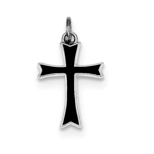 Sterling Silver Rhodium-plated Black Enameled Cross Charm