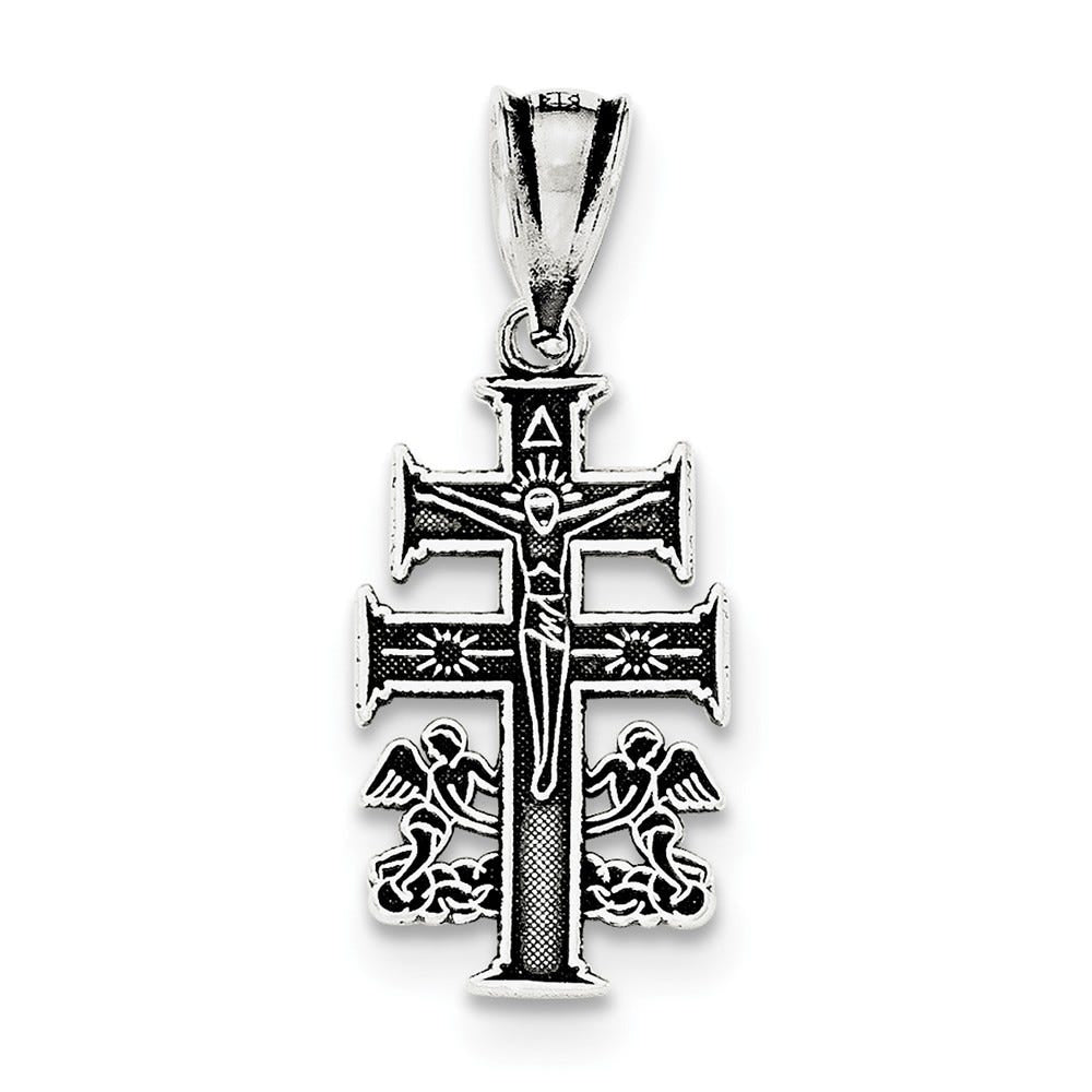 Sterling Silver Antiqued Caravaca Double Cross w/Angels Crucifix Pendant