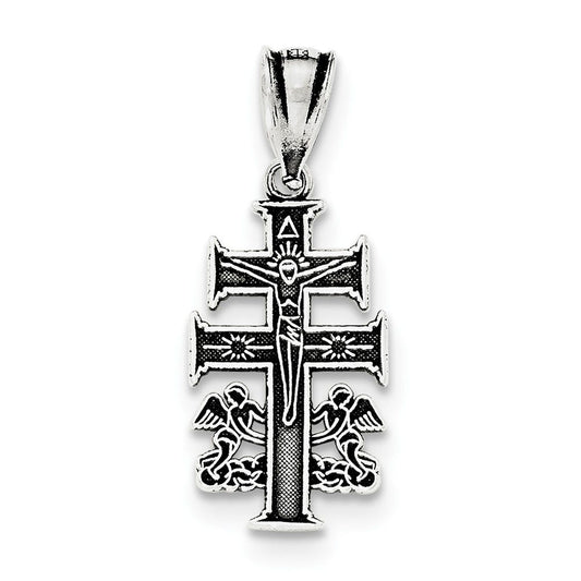 Sterling Silver Antiqued Caravaca Double Cross w/Angels Crucifix Pendant