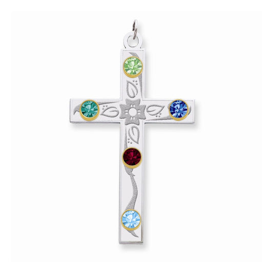 Sterling Silver/14k Bezel Crystal Family Cross Pendant