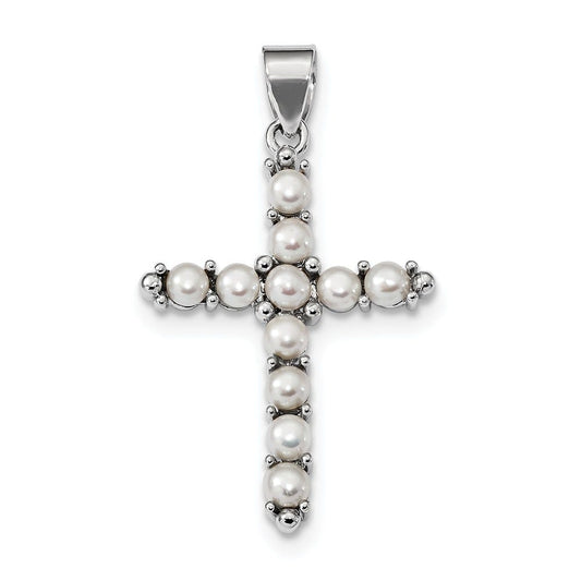 Sterling Silver Rhodium-platedFW Cultured Pearl Cross Pendant