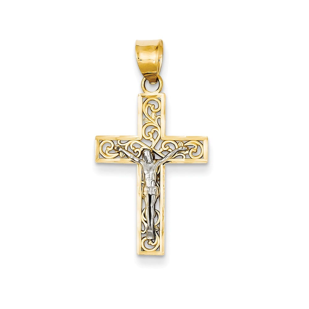 14K Two-tone D/C Small Block Filigree Cross w/Crucifix Pendant