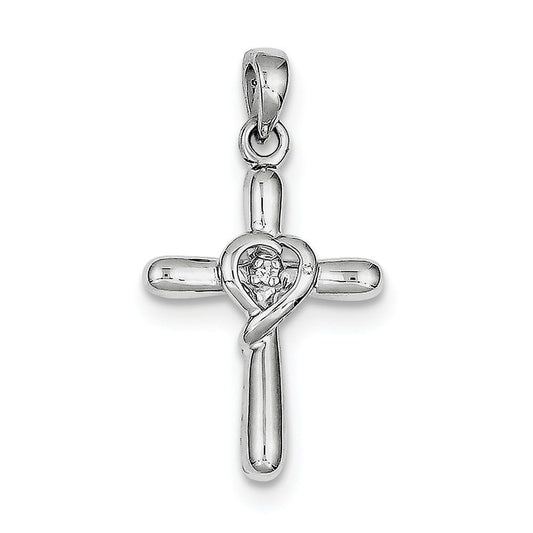 Sterling Silver Rhodium-plated White CZ Heart Cross Pendant