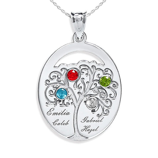 Personalized Family Tree Pendant with 4 Names and Birthstones- Includes 18 Inch Chain