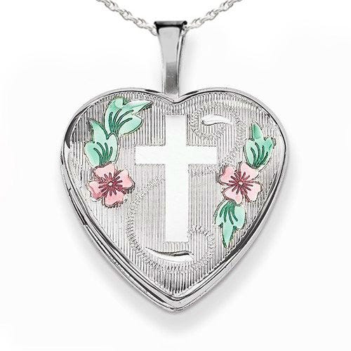 Sterling Silver Enameled Cross & Flowers Heart Photo Locket