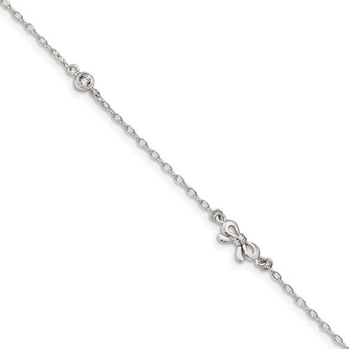 Sterling Silver CZ Accent & Bow Charm w/ 1 Inch ext.