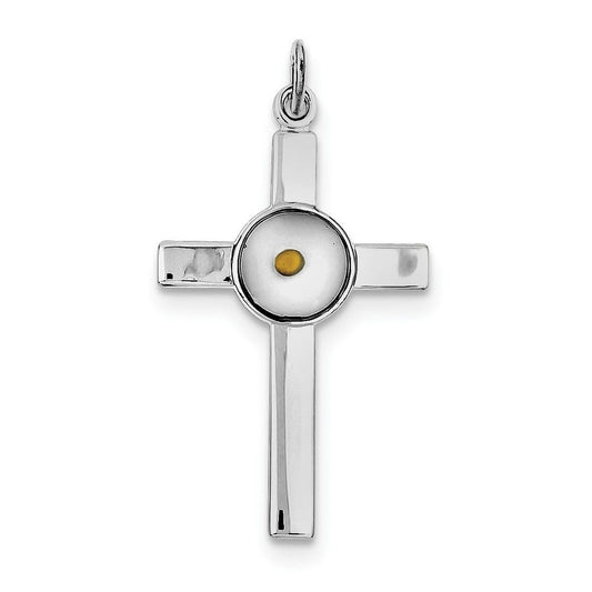 Sterling Silver Rhodium-plated Polshd & Epxy Cross w/Mustard Seed Pendant
