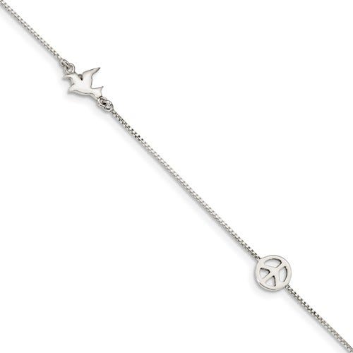 Sterling Silver Polished Dove & Peace Sign with 1in ext. Anklet