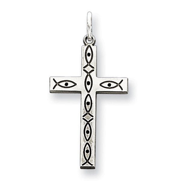 Sterling Silver Laser Designed Jesus Fish Cross Charm