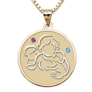 Mother with Son and Daughter - Round Pendant w/ Birthstones