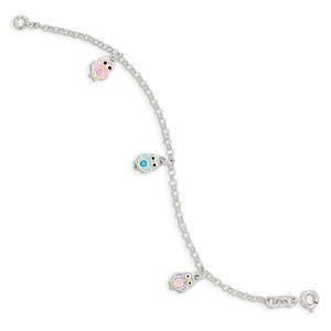 Sterling Silver Childrens Enameled Owl Charm Link Bracelet