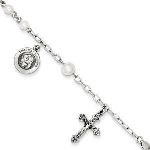 Sterling Silver  Cultured Pearl Rosary Bracelet /with First Holy Communion Medal - 7 Inch Sterling Silver Rosary Bracelet