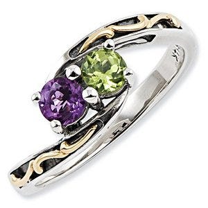 Sterling Silver & 14k Two-stone  Antiqued Mother's Ring