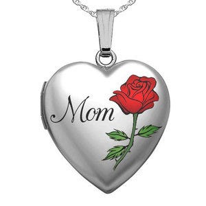 Sterling Silver Color Rose "Mom" Heart Photo Locket