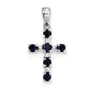 Sterling Silver Rhodium Dark Sapphire & Diamond Cross Pendant