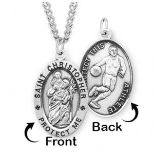 Sterling Silver Saint Christopher Double Sided Basketball Oval Religious Medal w/ Chain