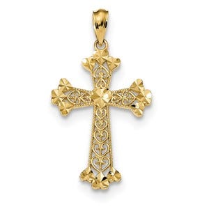 14k Diamond-cut Polished Filigree Hearts Cross Pendant