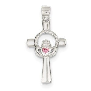 Sterling Silver Pink CZ Claddagh Cross Pendant