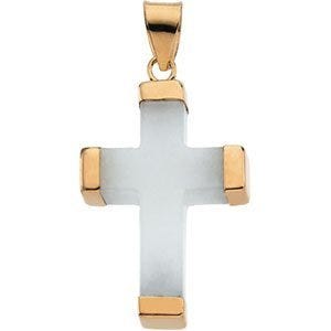 WHITE JADE SQUARE 14K YELLOW GOLD CROSS