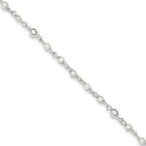 Sterling Silver Polished Freshwater Cultured Pearl & Heart Anklet
