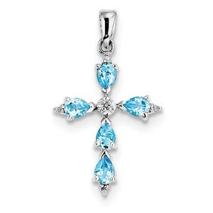 Sterling Silver Rhodium Pear Swiss Blue Topaz Cross Pendant
