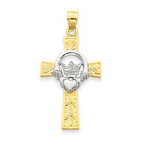 14k Two-tone Claddagh Cross Pendant