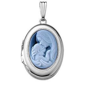 14k White Gold Mother & Child Cameo Oval Photo Locket
