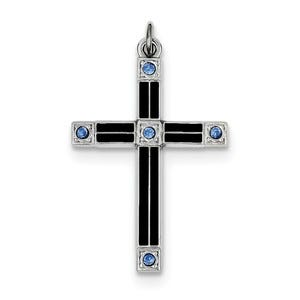 Sterling Silver Rhodium-plated Enameled & Blue CZ Cross Pendant