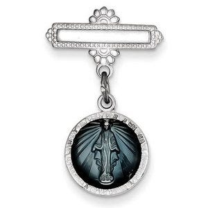 Sterling Silver Miraculous  Medal Baptismal Brooch with Aqua Enamel