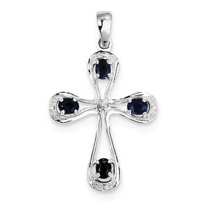 Sterling Silver Rhodium Dark Sapphire & Diamond Cross Pendant
