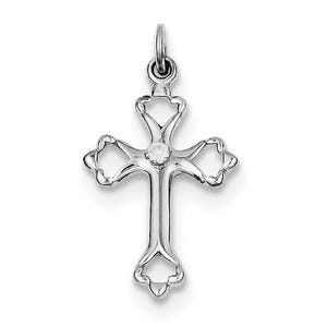Sterling Silver Rhodium-plated Budded Cross w/CZ Charm