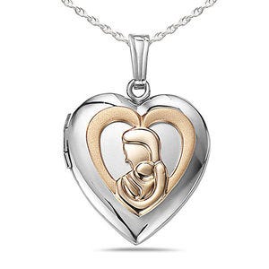 Sterling Silver Two Tone Mother and Child Heart Photo Locket - 3/4 inch x 3/4 inch