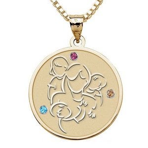 Mother with Daughter and Two Sons - with Birthstones Round Pendant