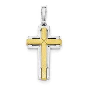 Sterling Silver Rhodium-plated & Gold-tone Brshd/Polished Cross Pendant