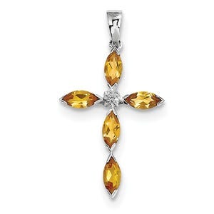Sterling Silver Rhodium Citrine & Diamond Cross Pendant